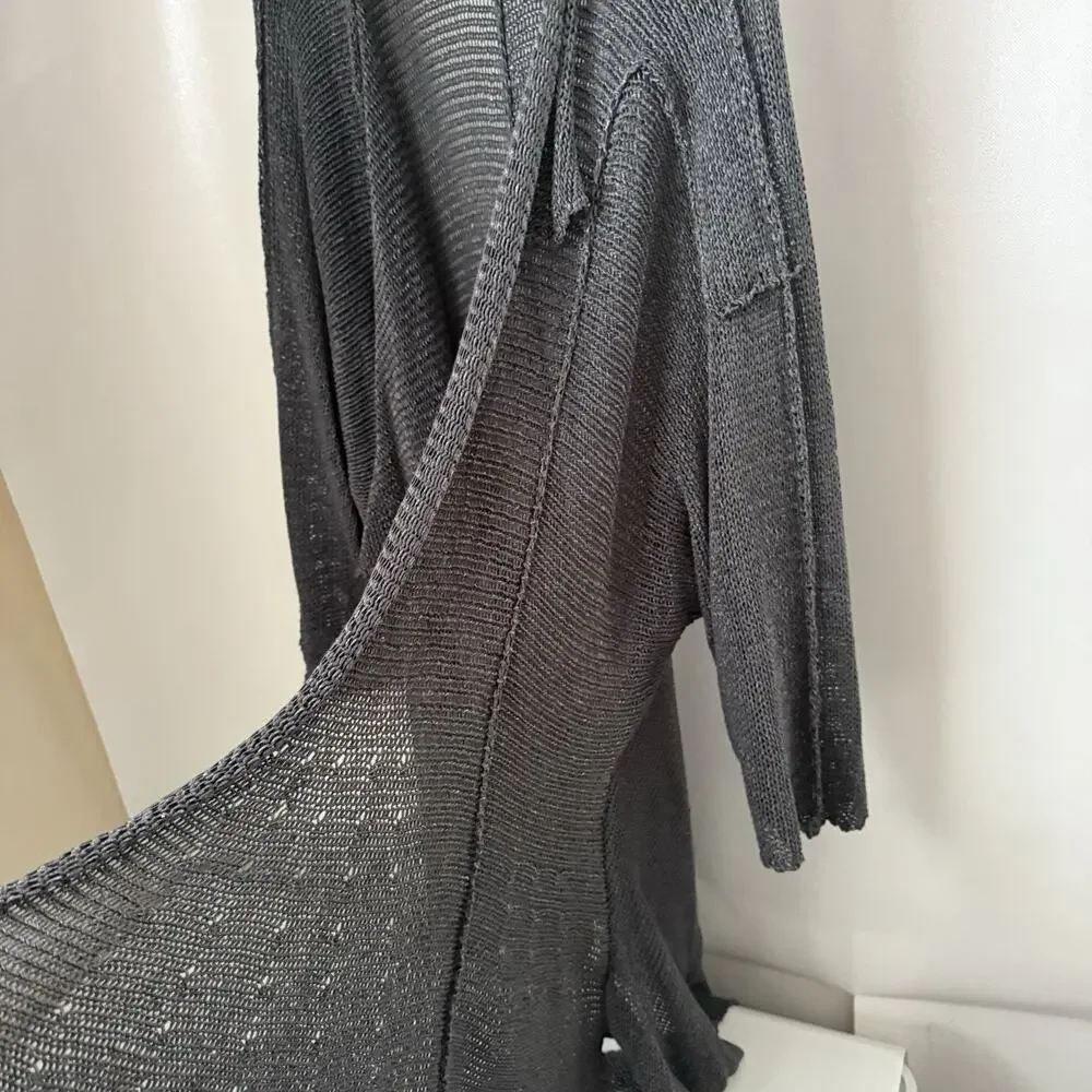 Boho Lagenlook Chain Mail Gray Knit Sweater Asymmetrical Artsy Cardigan L/XL